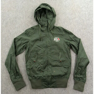 Schott Bros Jacket Mens Small Green Windbreaker Hooded Logo Military Full Zip